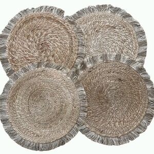 URBAN86 Set of 4 Round‎ Jute Placemats 14 inch Fringe Beige Boho Chic Natural